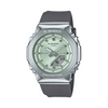 Casio G-SHOCK GMS2110-3AD analogue digital watch with grey bio-based resin band, silver stainless steel bezel, and green dial.