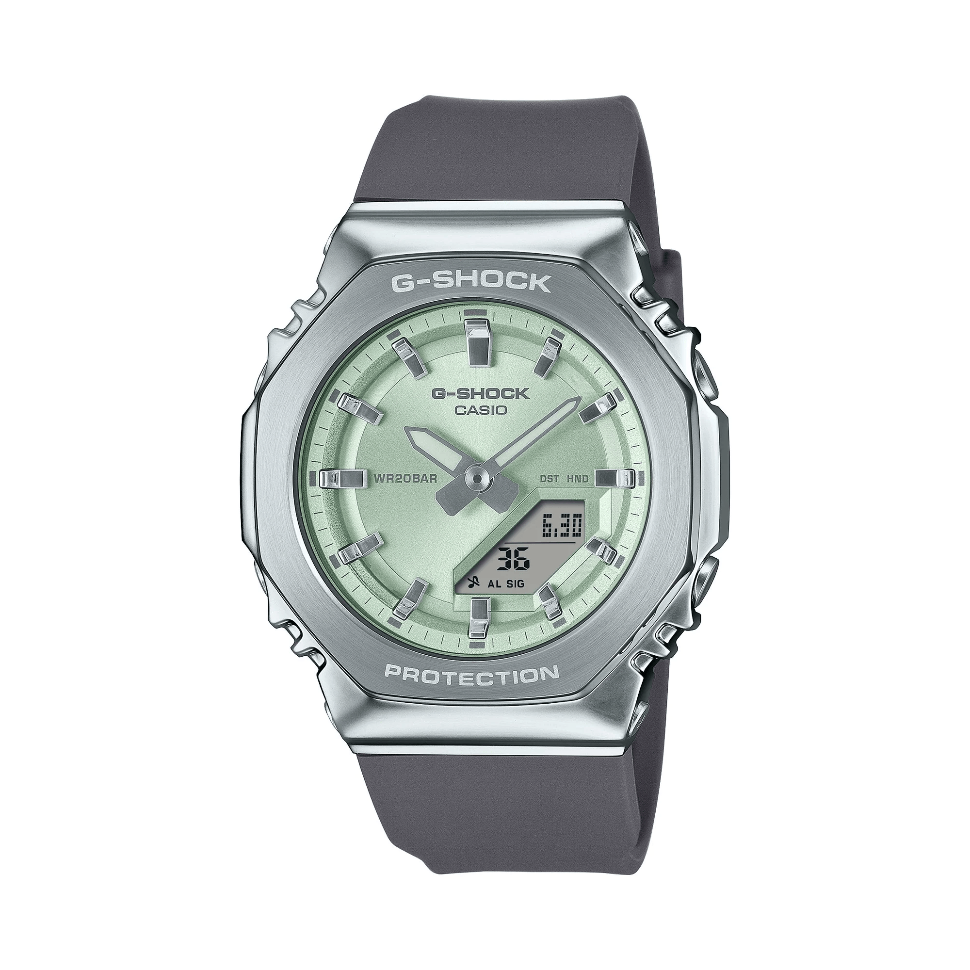 Casio G-SHOCK GMS2110-3AD analogue digital watch with grey bio-based resin band, silver stainless steel bezel, and green dial.