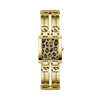 The Guess GW0807L2 is shown face-on, highlighting its 24mm gold-tone case and glitzed leopard print dial. The chain-link ID design adds a jewellery-inspired detail to the overall look.