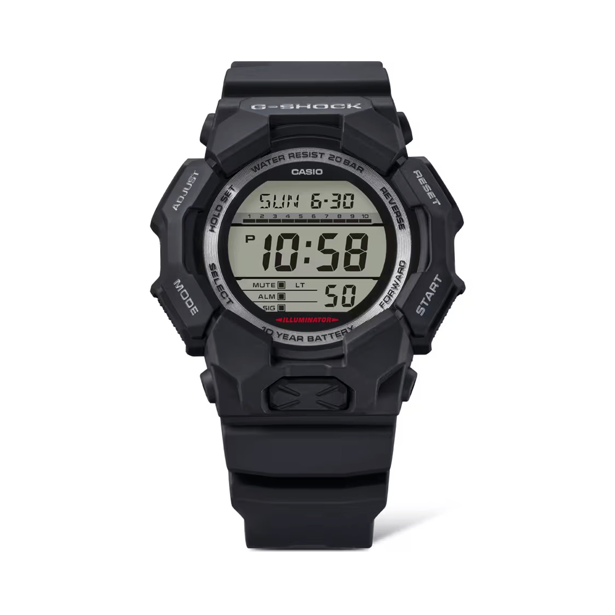 Casio G-SHOCK GD010-1DR digital watch featuring black bio-based resin band and case, LCD display, LED backlight, and shock-resistant design.