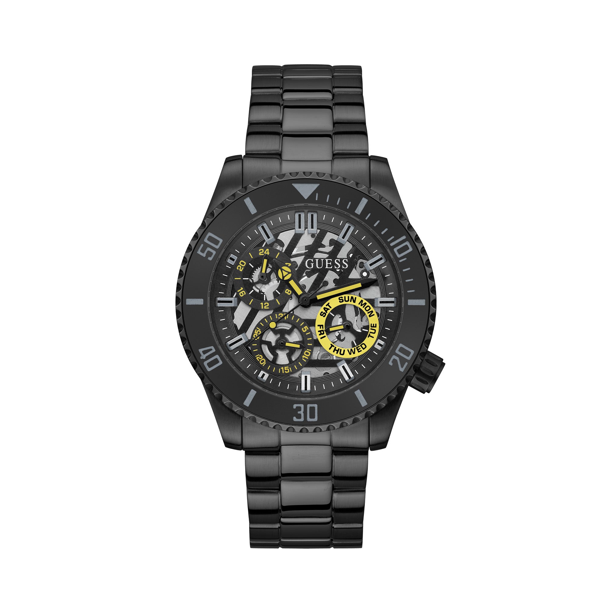 Black Guess watch with yellow accents