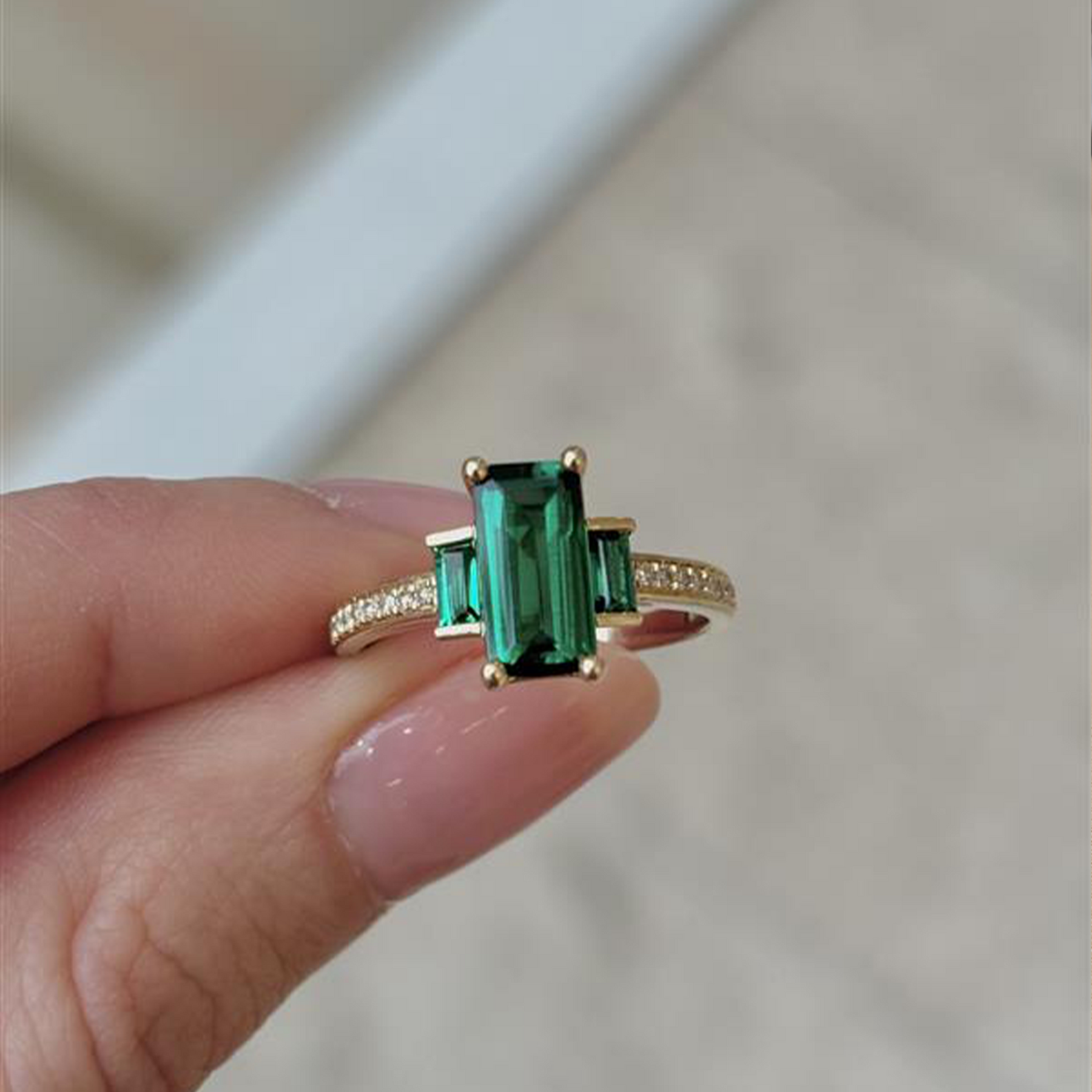 Created Emerald & Diamond Trilogy Ring in 9ct Yellow Gold