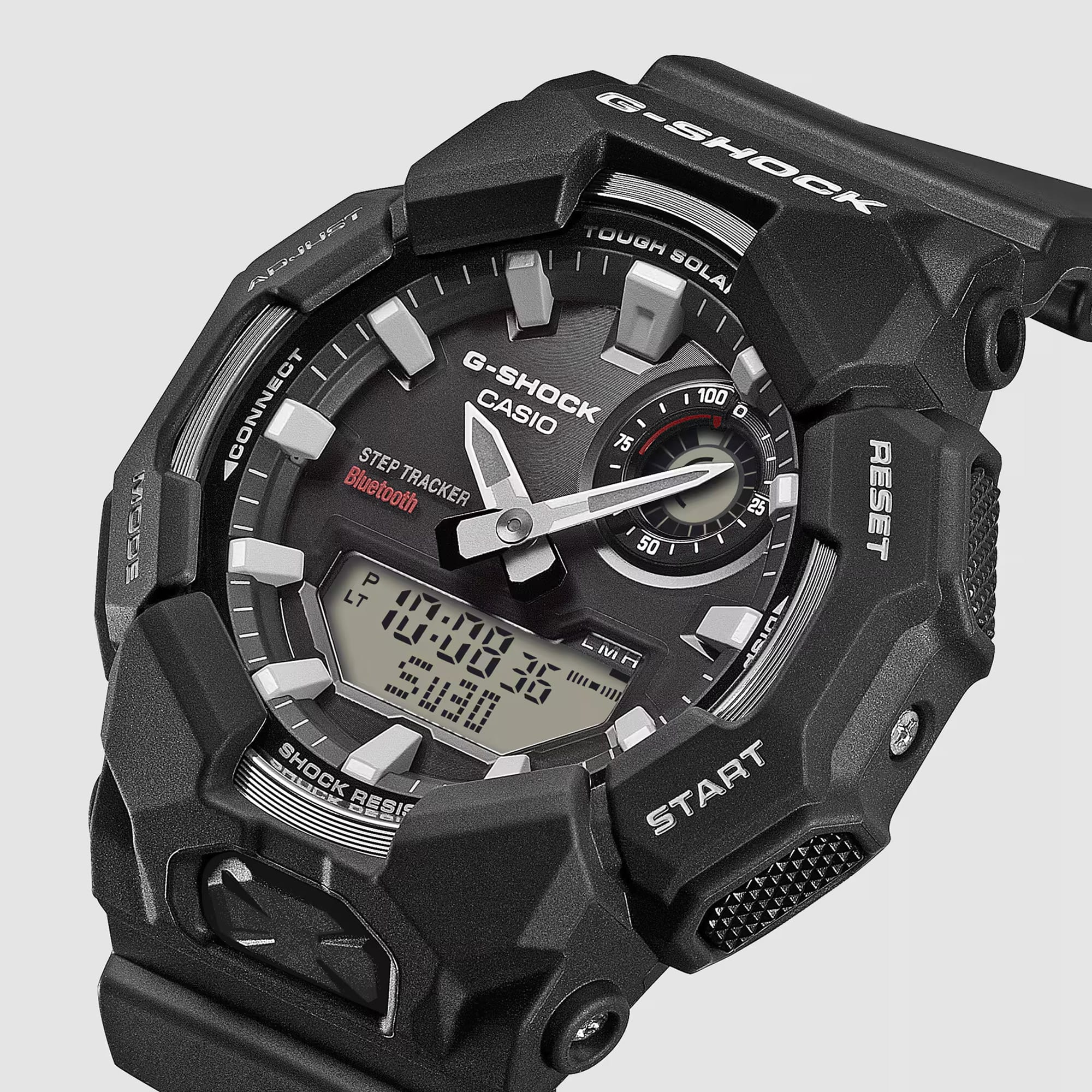 Casio G-SHOCK GAB010-1A analogue digital watch with black resin band, solar power, Bluetooth connectivity, and step tracking features.