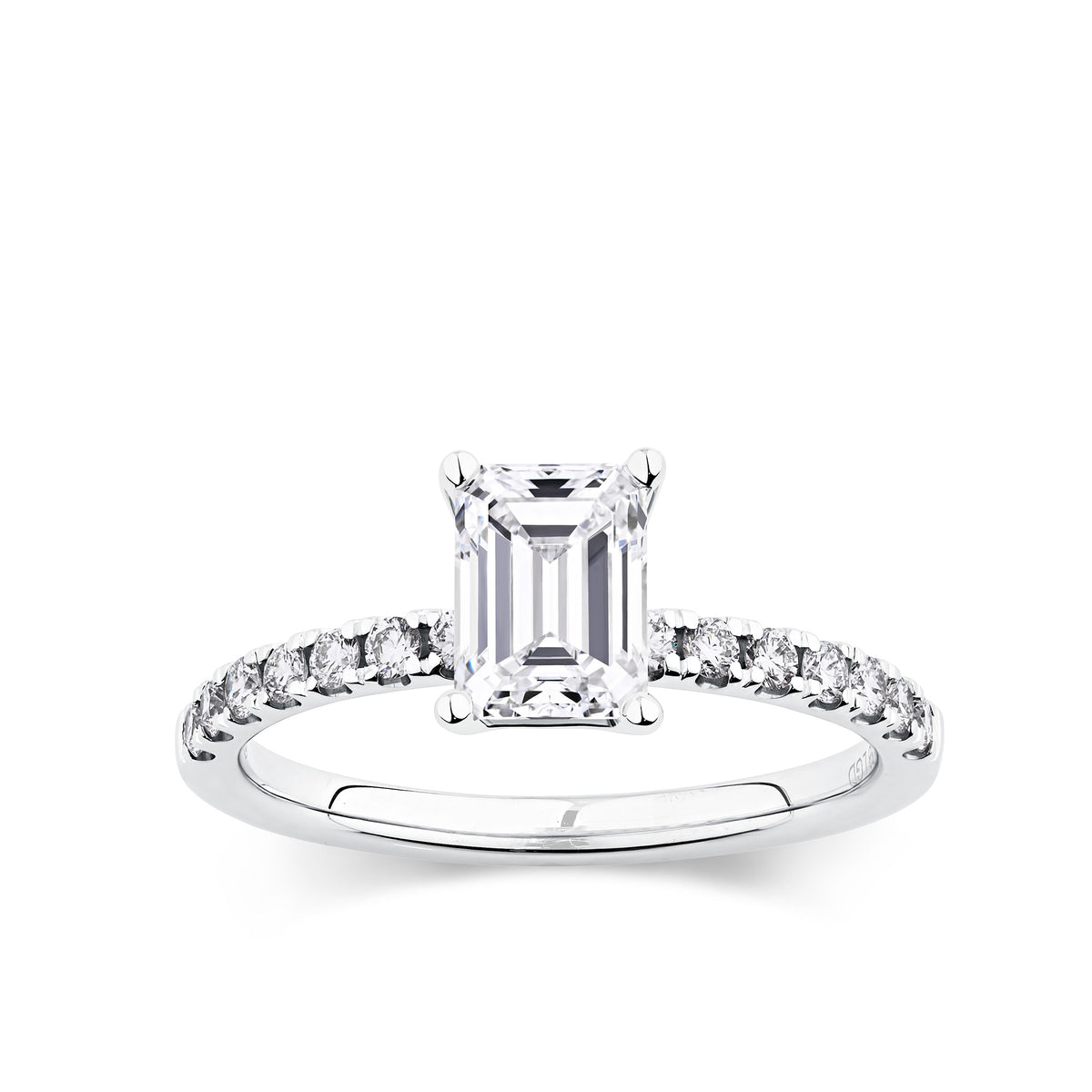 Everlasting 1.58ct TW Emerald Cut Lab-Grown Diamond Solitaire Pave Band Engagement Ring in 18ct White Gold