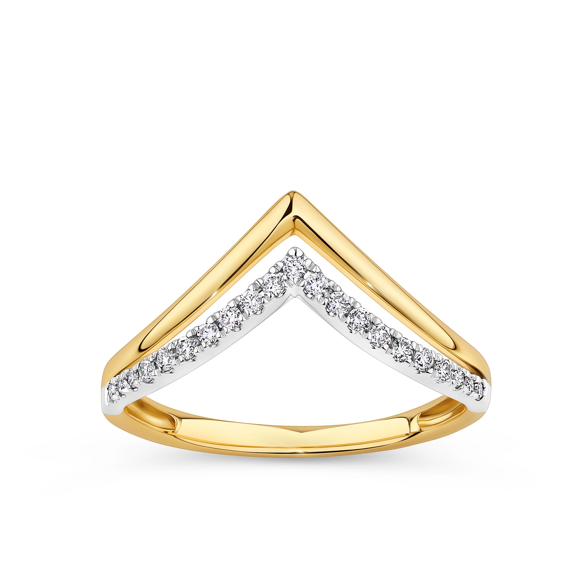 Gold and white gold chevron-shaped ring with diamonds