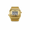 The Timex x MM6 Maison Margiela T80 Ring Watch TW2Y50100 features a gold-tone digital display with a mirrored mask design. The MM6 numeral motif appears subtly within the display graphic.