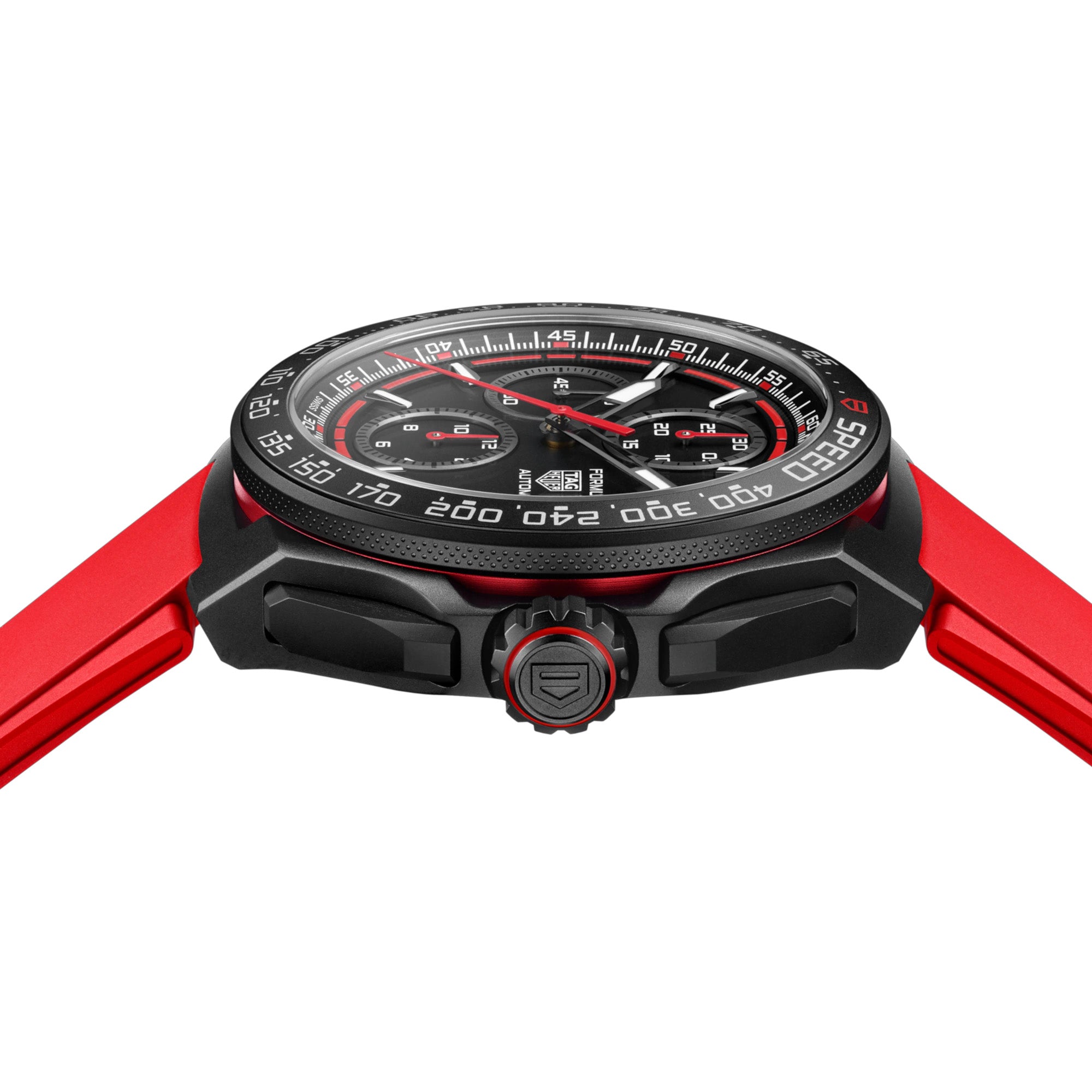A black TAG Heuer Formula 1 Chronograph watch with a red strap and red accents on the watch face.