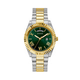 Two Tone silver and gold Guess watch with a green dial