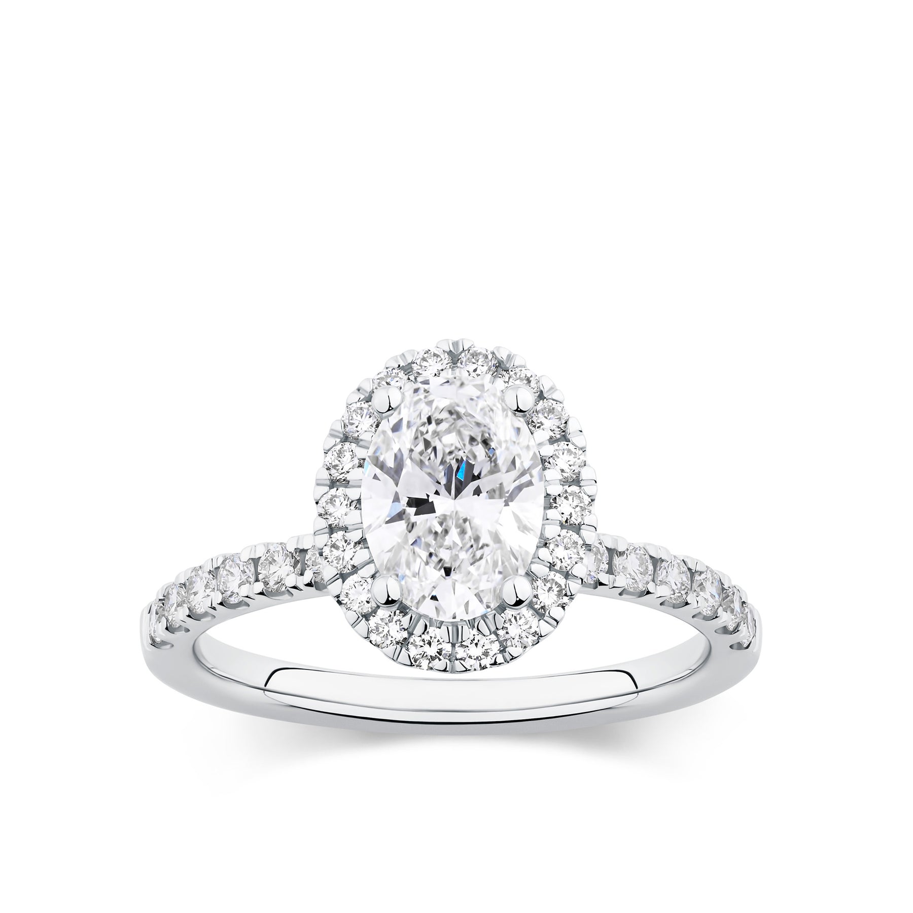 Everlasting 1.79ct TW Oval Lab-Grown Diamond Classic Halo Pave Band Engagement Ring in 18ct White Gold