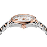 Side profile of A TAG Heuer Carrera automatic watch with a mother-of-pearl dial, rose gold case, and a silver bracelet.