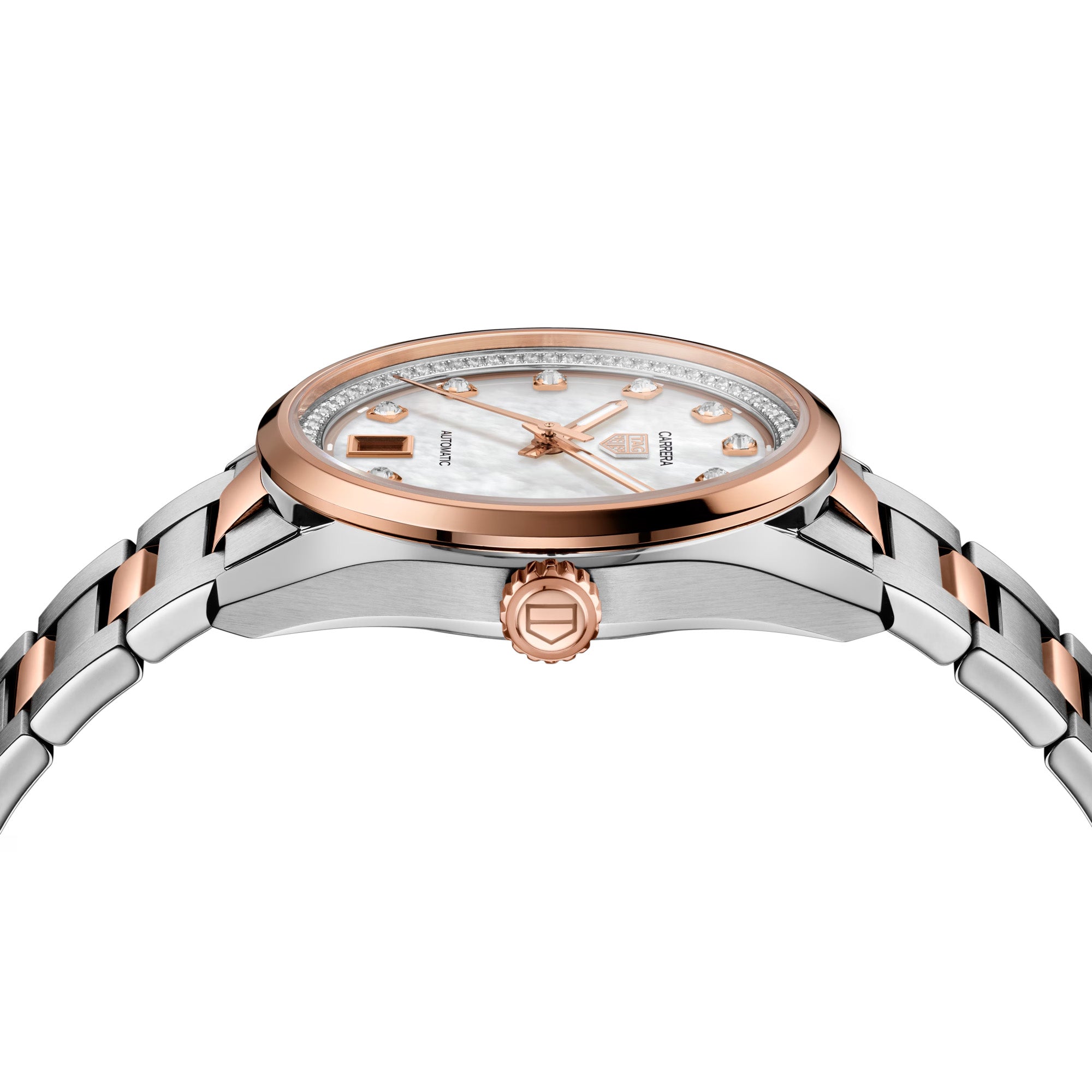Side profile of A TAG Heuer Carrera automatic watch with a mother-of-pearl dial, rose gold case, and a silver bracelet.