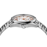 Side profile of a Tag Heuer watch with silver bracelet and white dial