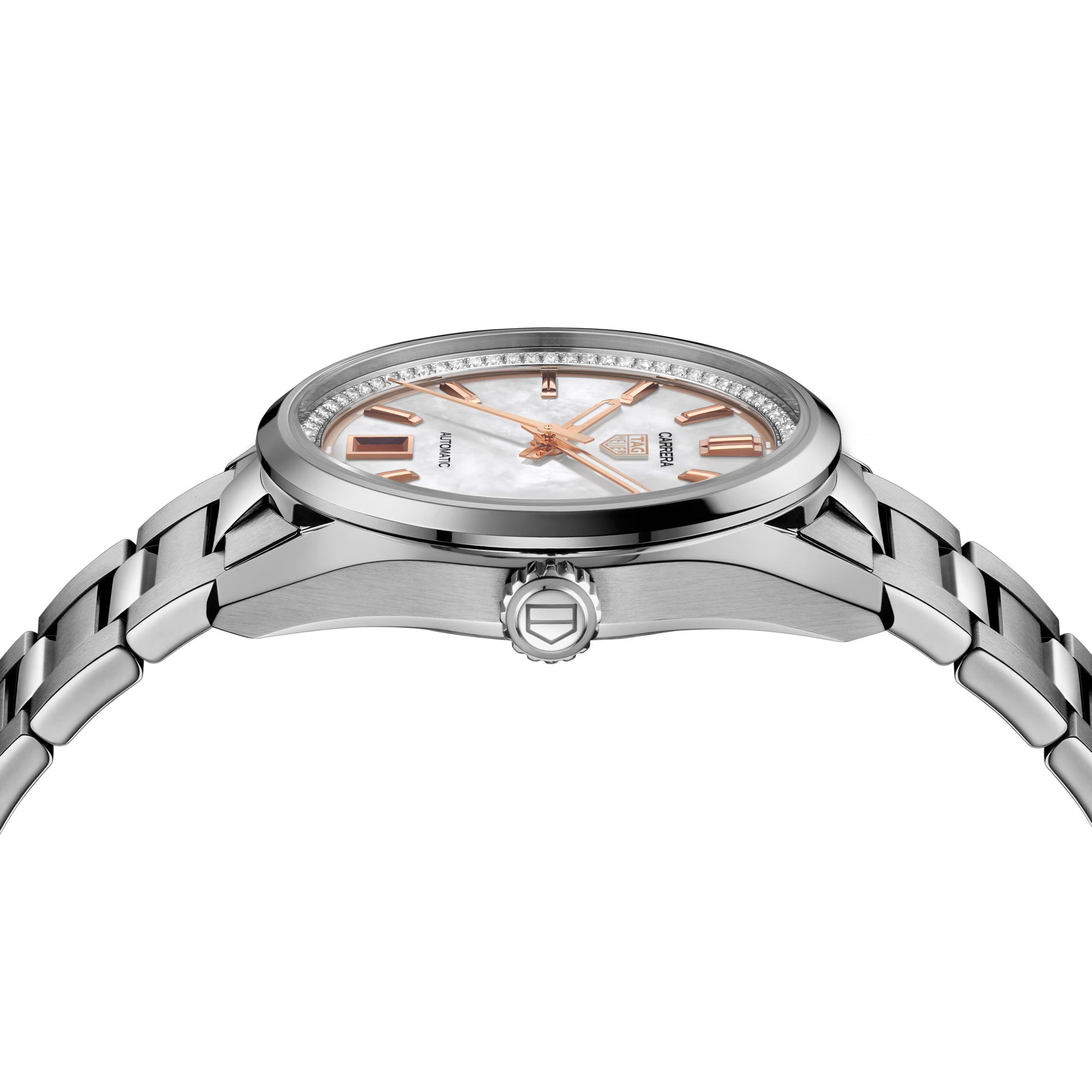 Side profile of a Tag Heuer watch with silver bracelet and white dial