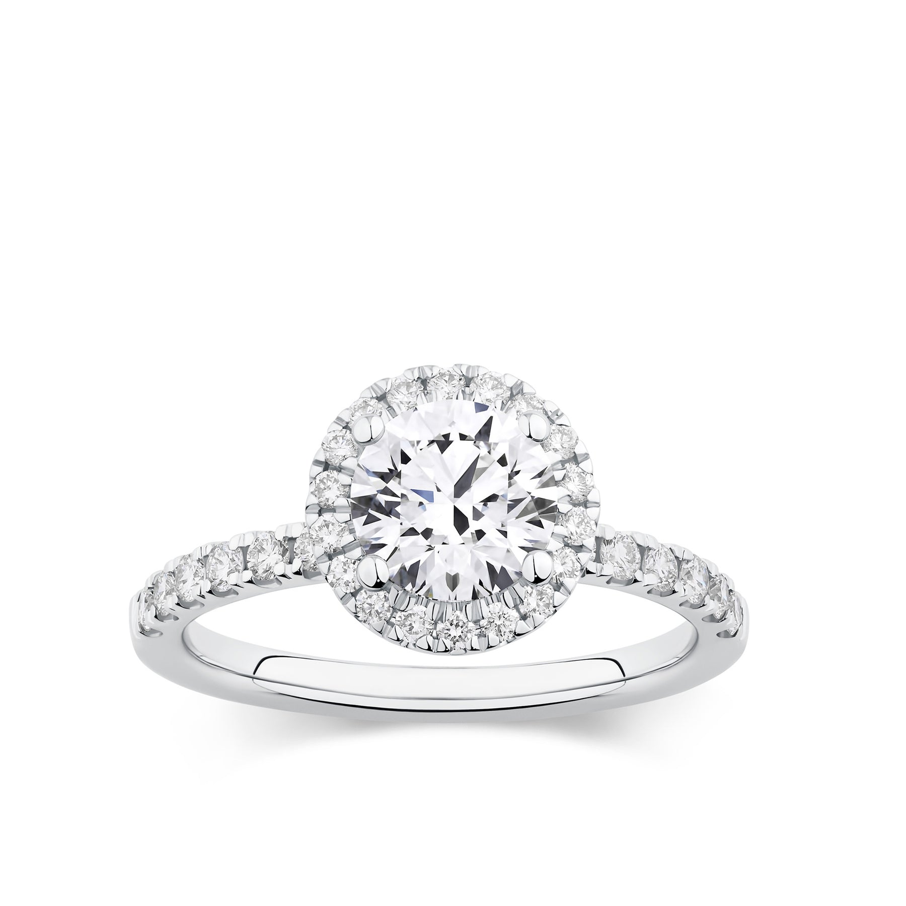 Everlasting 1.79ct TW Round Brilliant Lab-Grown Diamond Classic Halo Pave Band Engagement Ring in 18ct White Gold