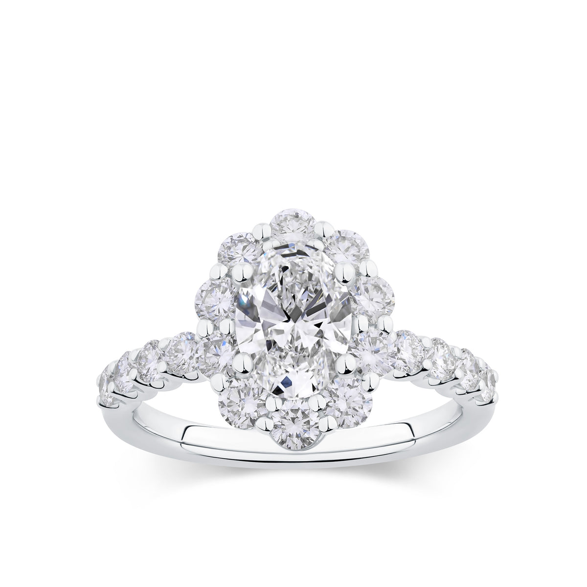 Everlasting 2.45ct TW Oval Lab-Grown Diamond Floral Halo Pave Band Engagement Ring in 18ct White Gold
