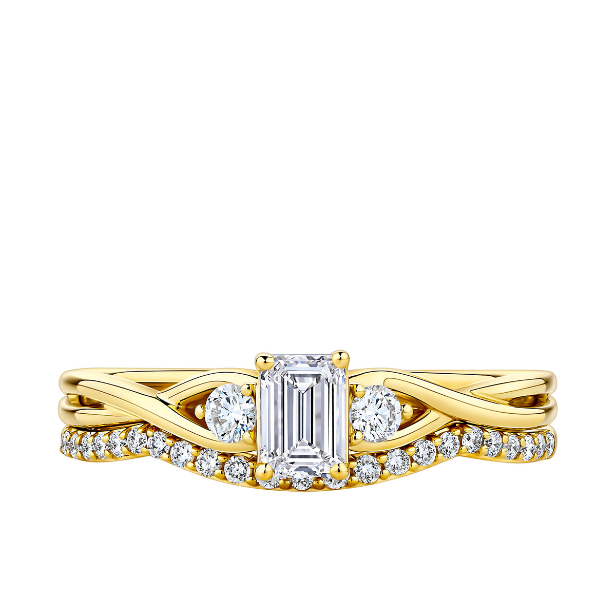 Everlasting Promise 0.60ct TW Emerald Cut Lab-Grown Diamond with Round Brilliant Side Accent Ring Set in 9ct Yellow Gold