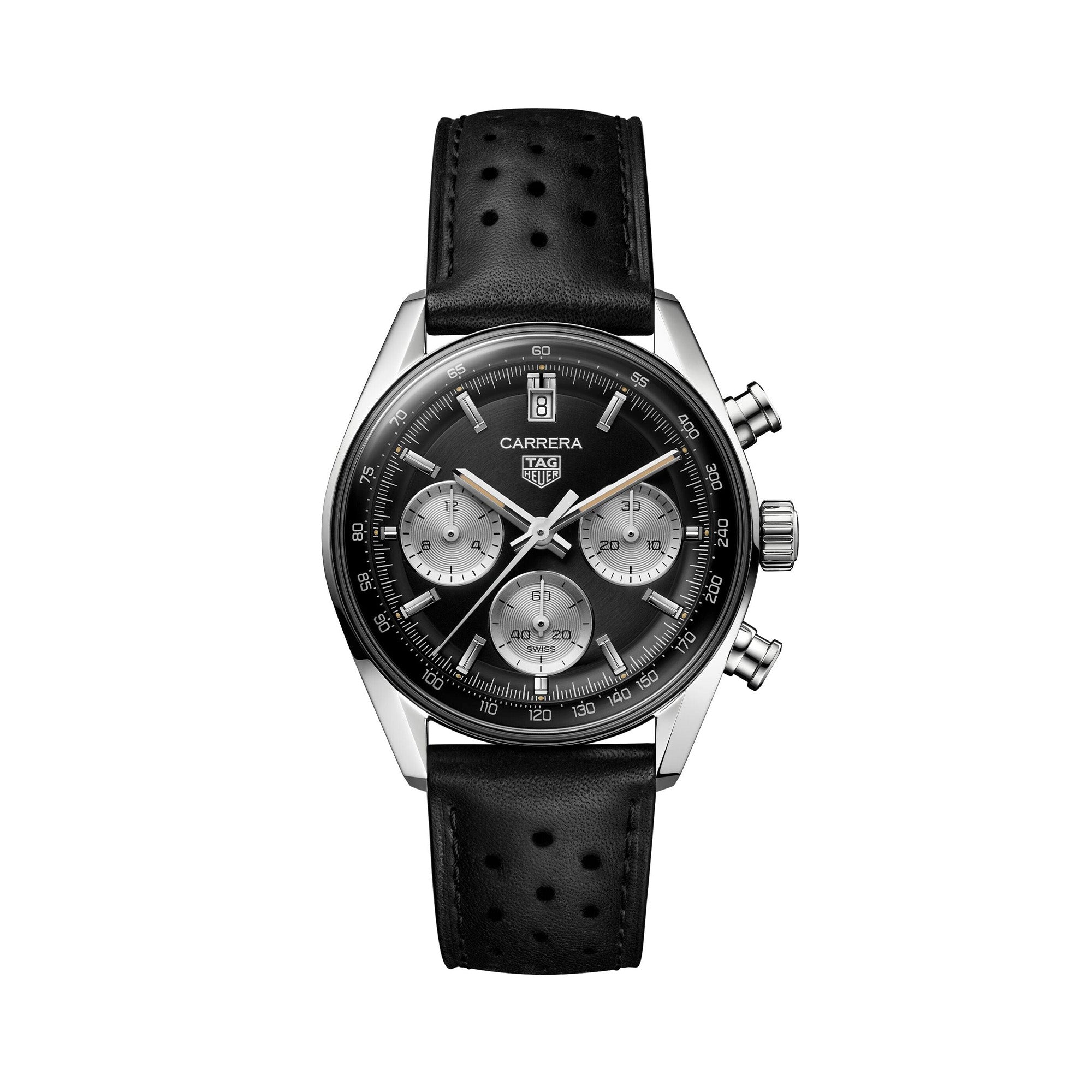 TAG Heuer stainless steel watch with a black band and black dial