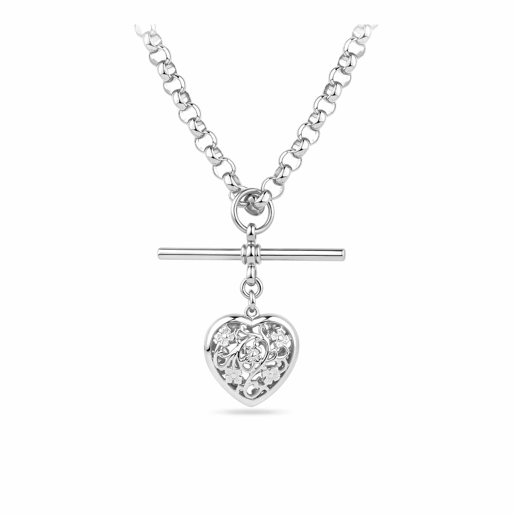 Fob Necklace with T-Bar and Filigree Heart in Sterling Silver