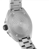 TAG Heuer Formula 1 Date WAZ1110.BA0875 shown from the case-back, displaying the engraved steel caseback over the quartz movement. The steel bracelet is visible alongside the case-back detail.