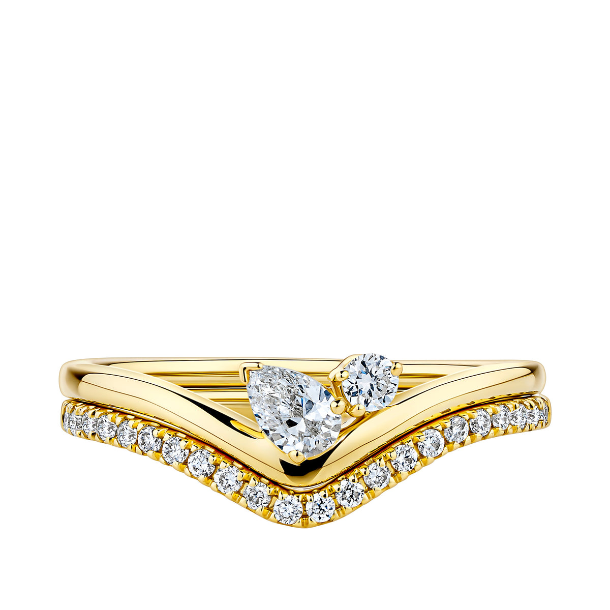 Everlasting Promise 0.33ct TW Asymmetrical Pear and Round Brilliant Lab-Grown Diamond Curved Ring Set in 9ct Yellow Gold