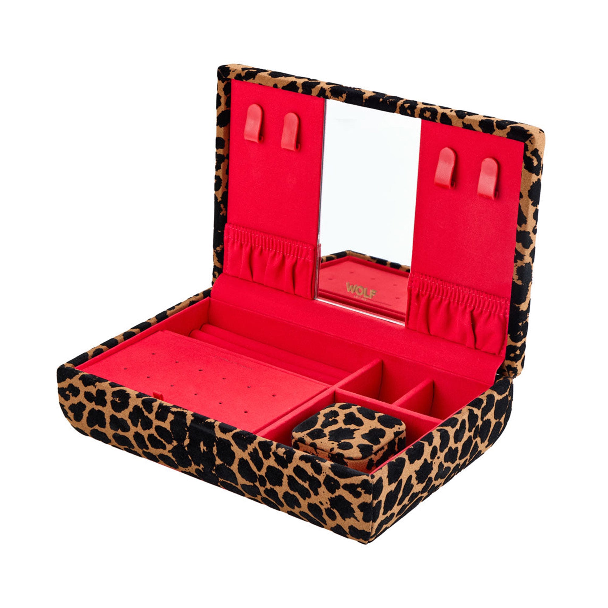 WOLF jewellery box with leopard print exterior and red interior