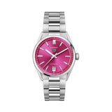 TAG Heuer watch with a pink face and silver bracelet