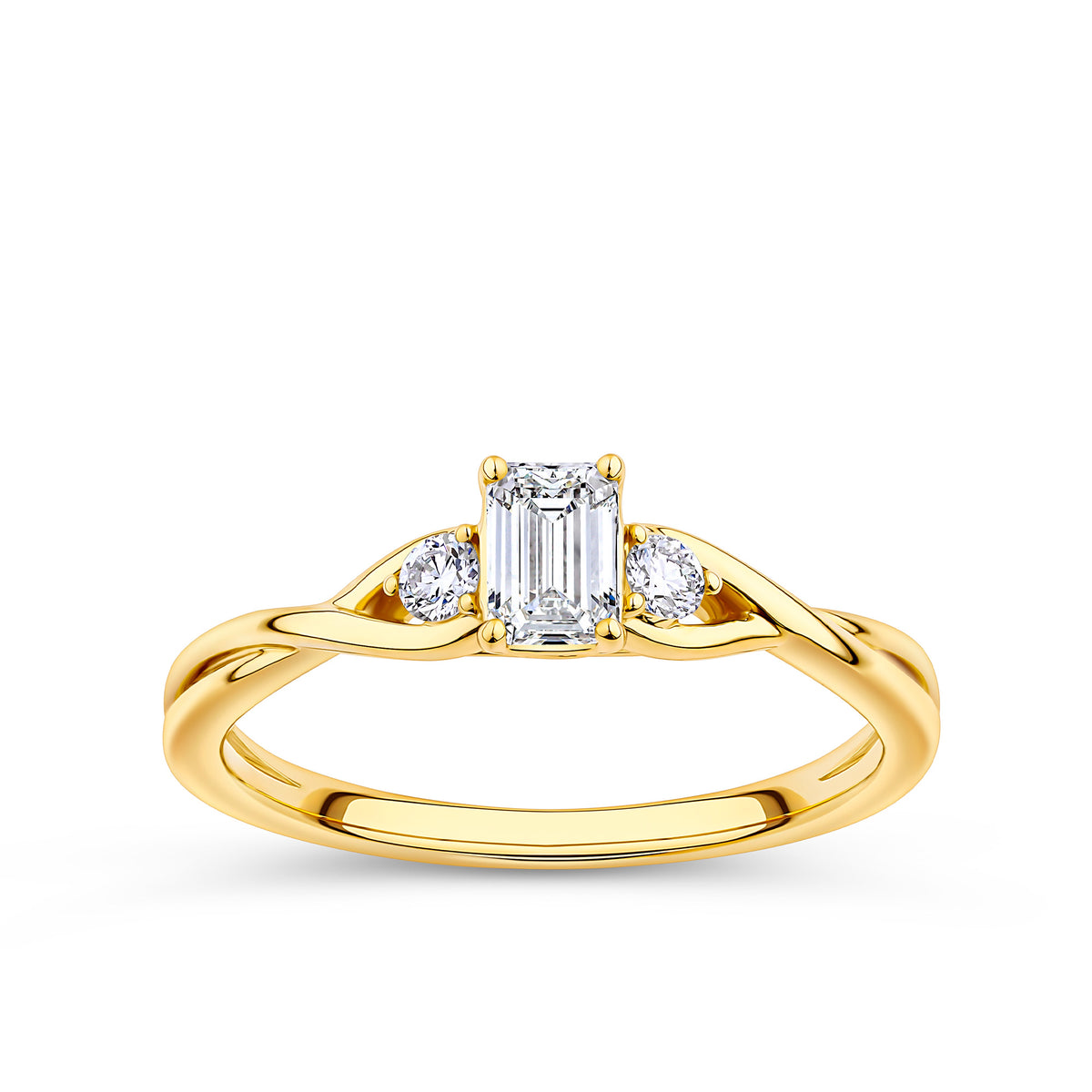 Everlasting Promise 0.60ct TW Emerald Cut Lab-Grown Diamond with Round Brilliant Side Accent Ring Set in 9ct Yellow Gold