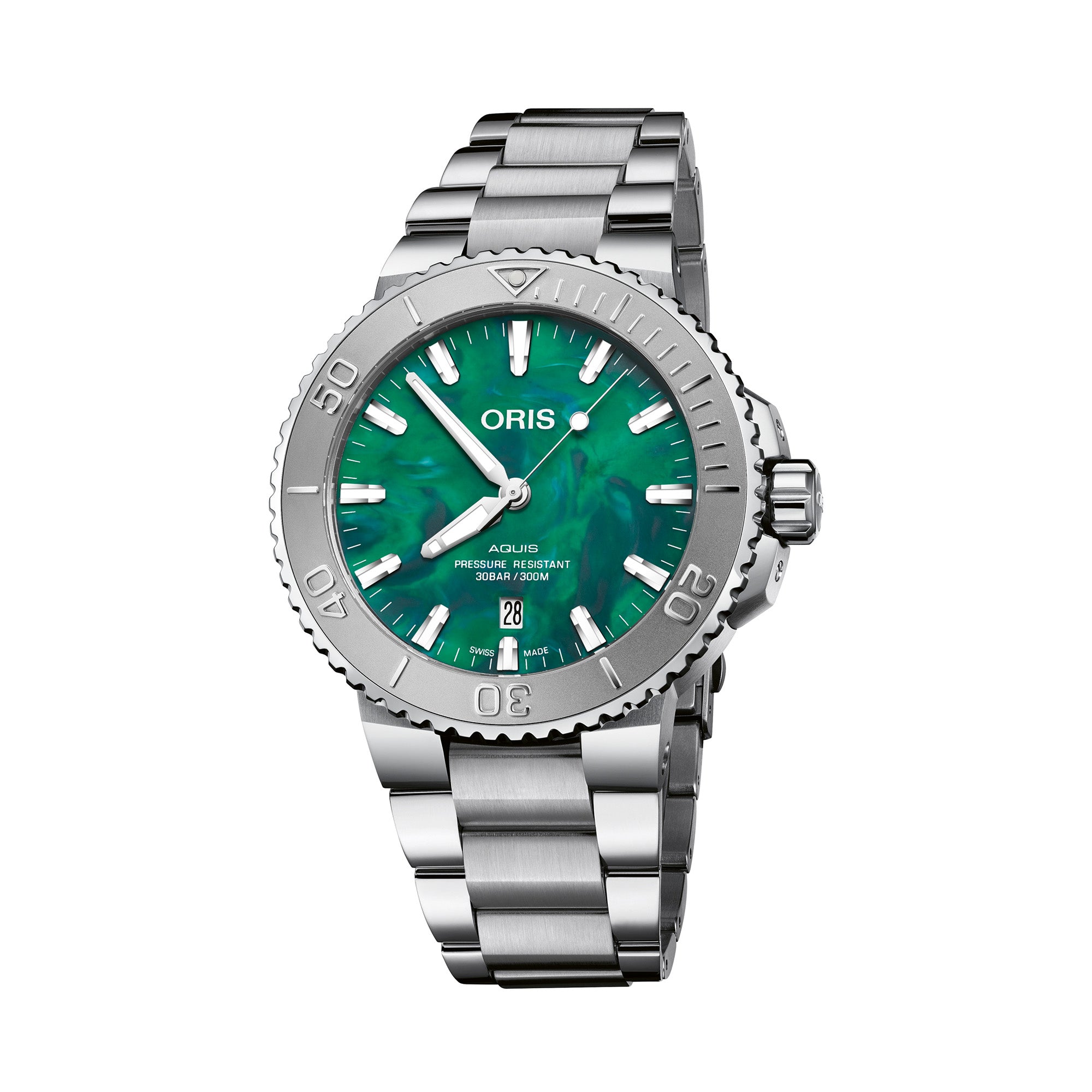 Stainless steel Oris watch with green dial