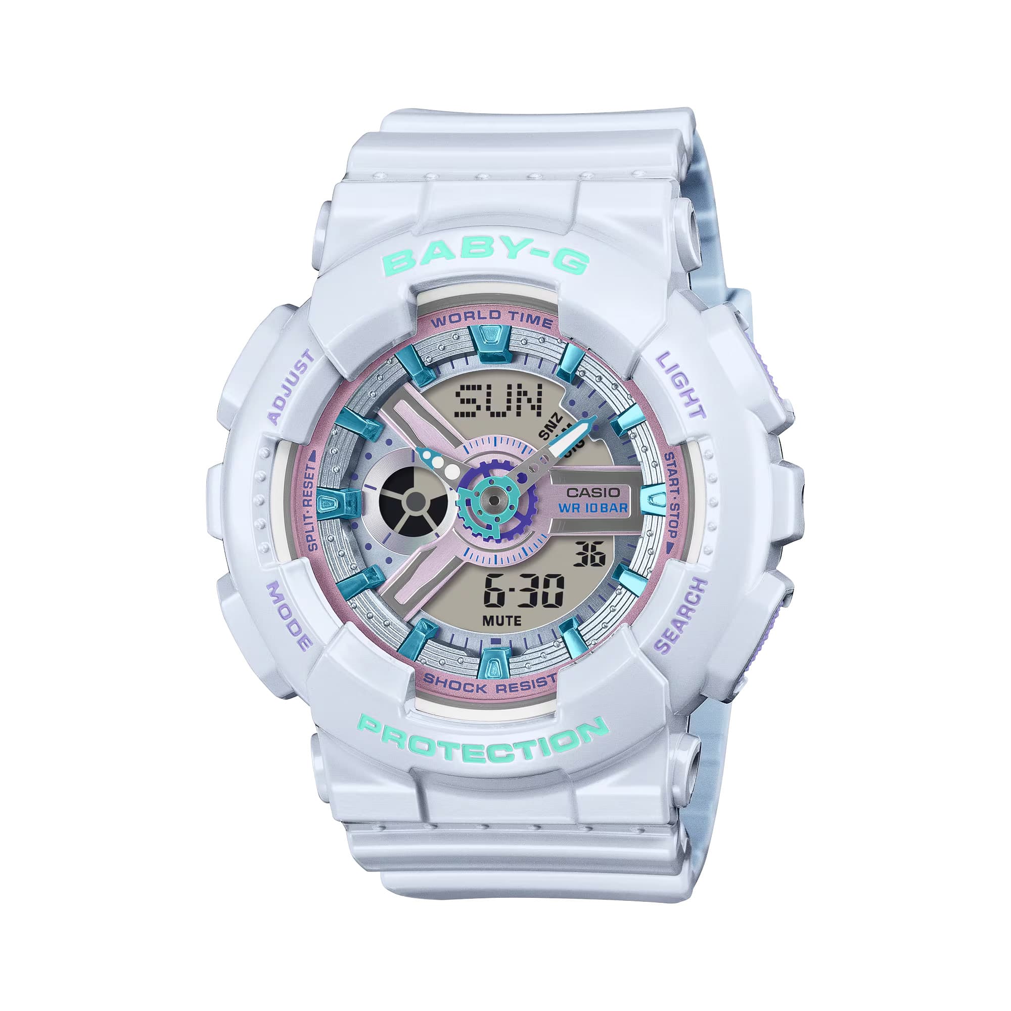 Casio Baby-G BA110MC-7A women's analogue digital watch in glossy white with iridescent pastel dial accents, resin case and band with multi-dimensional metallic indexes, front-facing view.