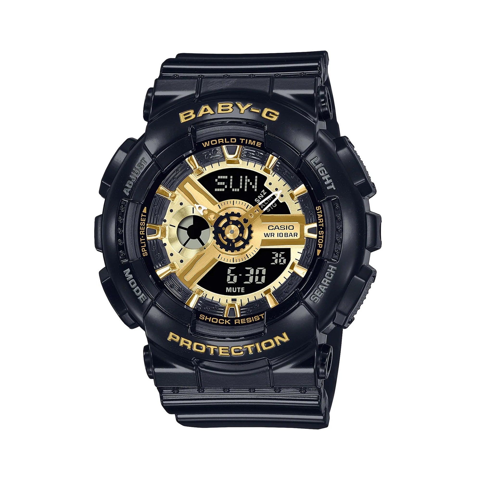 Casio Baby-G BA110X-1A women's watch front view, featuring a 46.3mm all-black round resin case with a deeply layered three-dimensional dial, gear-inspired index markings, analogue hands, and a lower digital LCD display window.