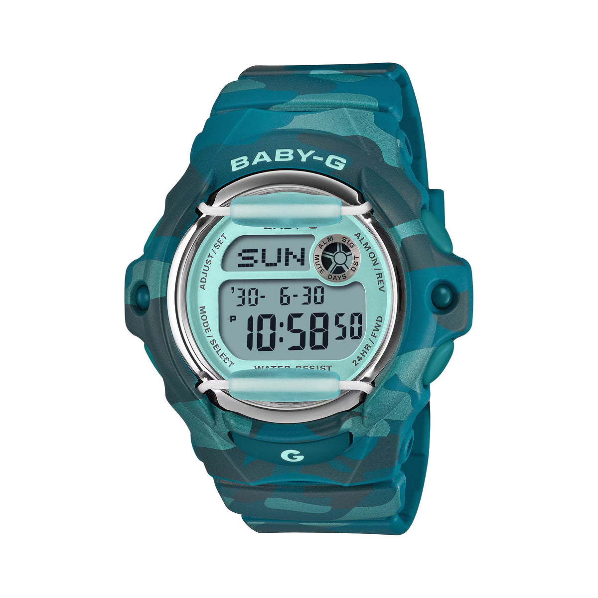 Front-on view of the Casio BABY-G BG169CM-2D Digital Women's Watch, in a teal camouflage resin case with a translucent teal dial. The compact round case shape and colour LCD display are shown clearly from this straight-on angle.