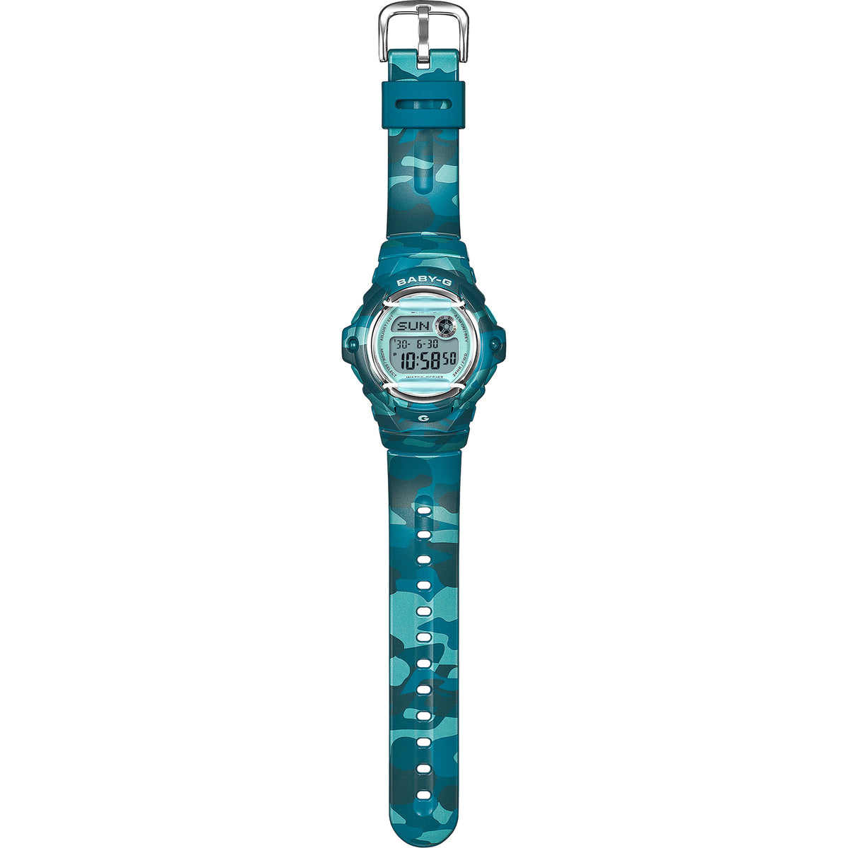 Full band view of the Casio BABY-G BG169CM-2D Digital Women's Watch, showing the teal camouflage resin band in its entirety. The band's durable, active-ready construction is visible.