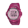 Front-on view of the Casio BABY-G BG169CM-4D Digital Women's Watch, in a pink camouflage resin case with a translucent pink dial. The compact round case shape and colour LCD display are shown clearly from this straight-on angle.