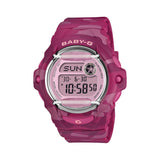 Front-on view of the Casio BABY-G BG169CM-4D Digital Women's Watch, in a pink camouflage resin case with a translucent pink dial. The compact round case shape and colour LCD display are shown clearly from this straight-on angle.