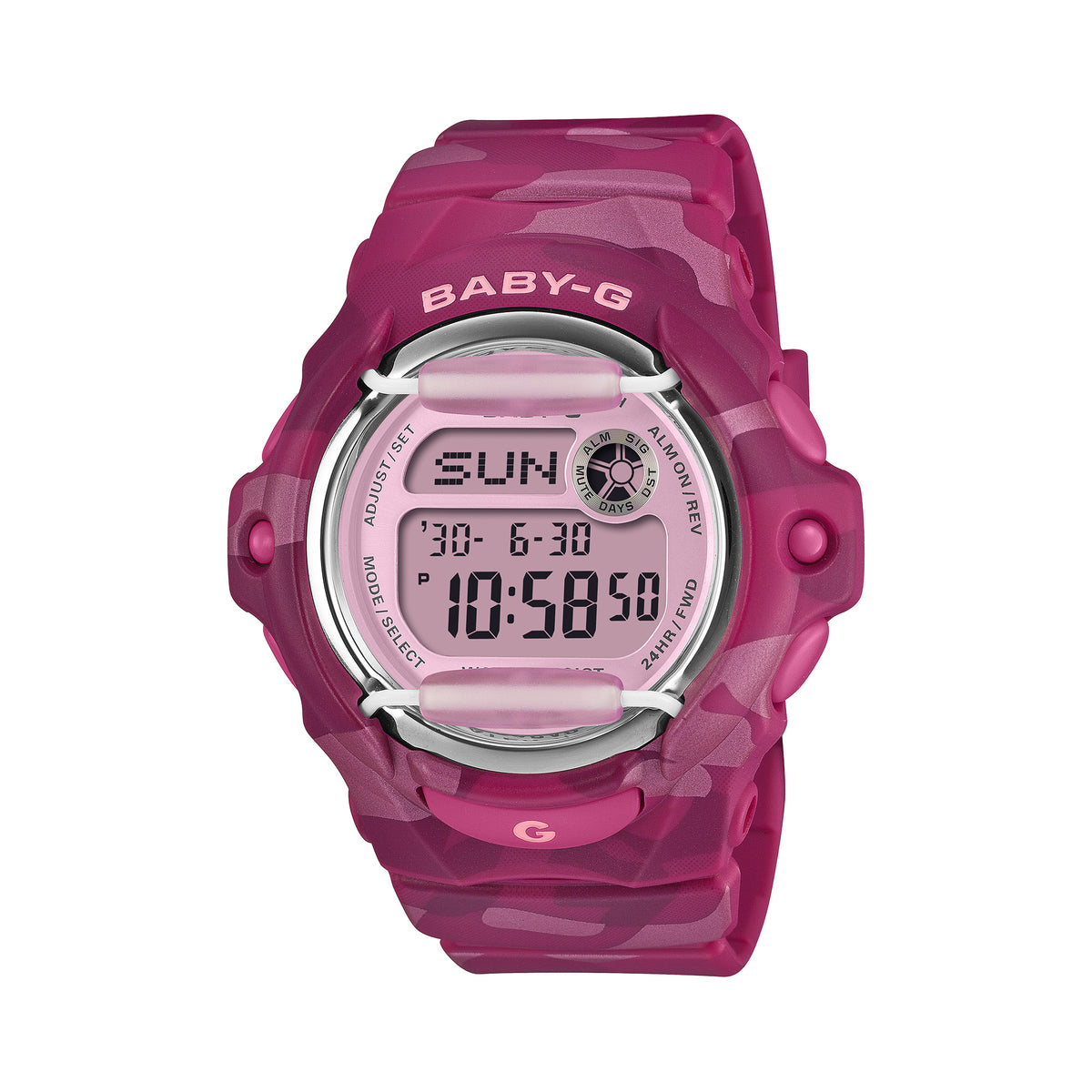 Front-on view of the Casio BABY-G BG169CM-4D Digital Women's Watch, in a pink camouflage resin case with a translucent pink dial. The compact round case shape and colour LCD display are shown clearly from this straight-on angle.