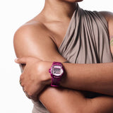 The Casio BABY-G BG169CM-4D Digital Women's Watch worn on the wrist to show scale and fit. The pink camo bezel and band suit an active, everyday lifestyle.