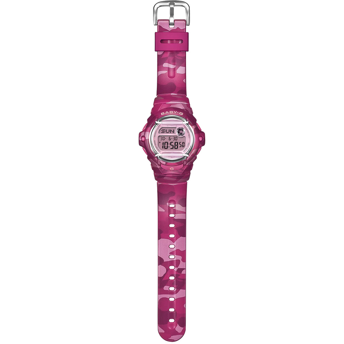 Full band view of the Casio BABY-G BG169CM-4D Digital Women's Watch, showing the pink camouflage resin band in its entirety. The band's durable, active-ready construction is visible.