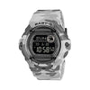 Front-on view of the Casio BABY-G BG169CMB-8D Digital Women's Watch, in a grey camouflage resin case with a metallic ion-plated bezel. The compact round case shape and negative LCD display are shown clearly from this straight-on angle.