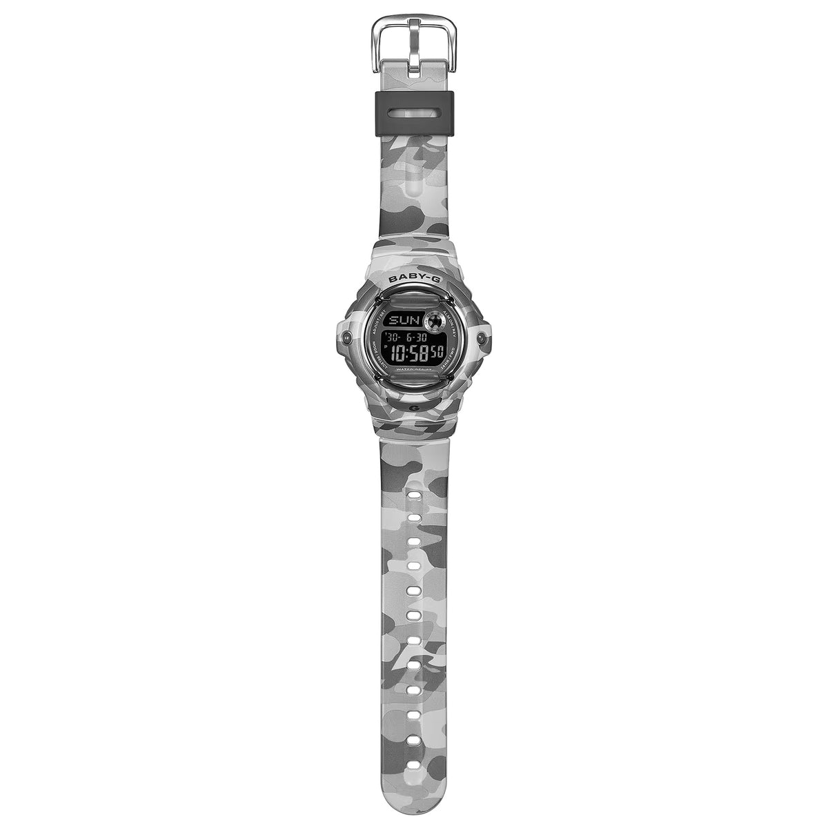 Full band view of the Casio BABY-G BG169CMB-8D Digital Women's Watch, showing the grey camouflage resin band in its entirety. The band's durable, active-ready construction is visible.