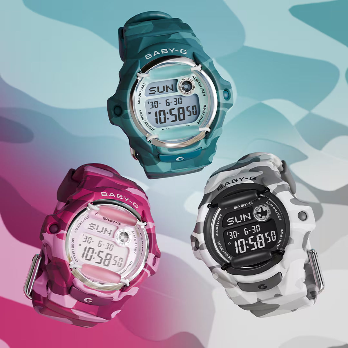 Casio Baby G 169 Series Range with Pink, Grey and Blue Camouflage models avaliable