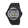 Front-on view of the Casio Baby-G Digital Women's Watch BG169GD-1D, 42mm case, in a matte black resin case and band. The compact round case and digital display are shown clearly from this straight-on angle.