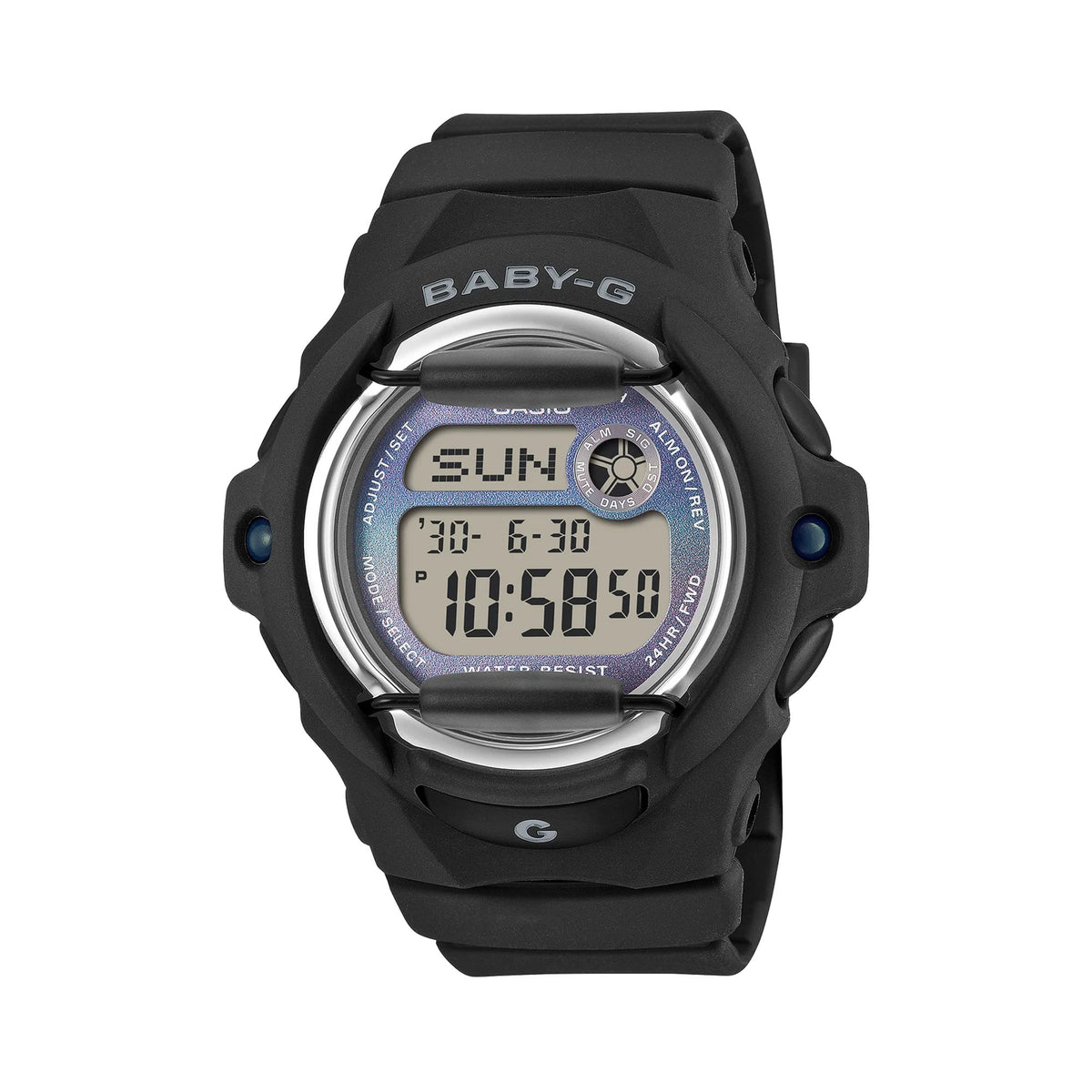 Front-on view of the Casio Baby-G Digital Women's Watch BG169GD-1D, 42mm case, in a matte black resin case and band. The compact round case and digital display are shown clearly from this straight-on angle.