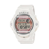 Front-on view of the Casio Baby-G Digital Women's Watch BG169GD-7D, 42mm case, in a matte off-white resin case and band. The compact round case and digital display are shown clearly from this straight-on angle.