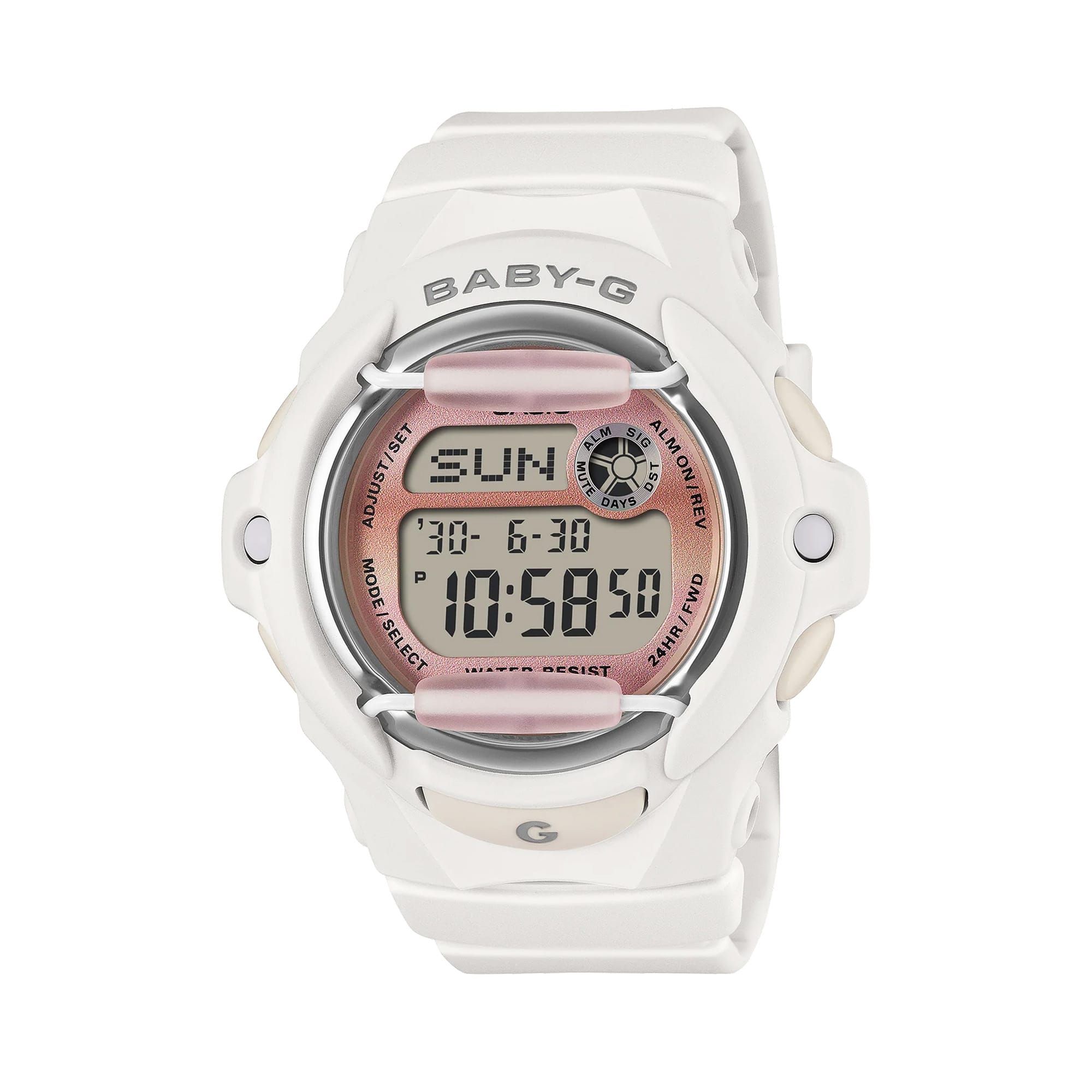 Front-on view of the Casio Baby-G Digital Women's Watch BG169GD-7D, 42mm case, in a matte off-white resin case and band. The compact round case and digital display are shown clearly from this straight-on angle.