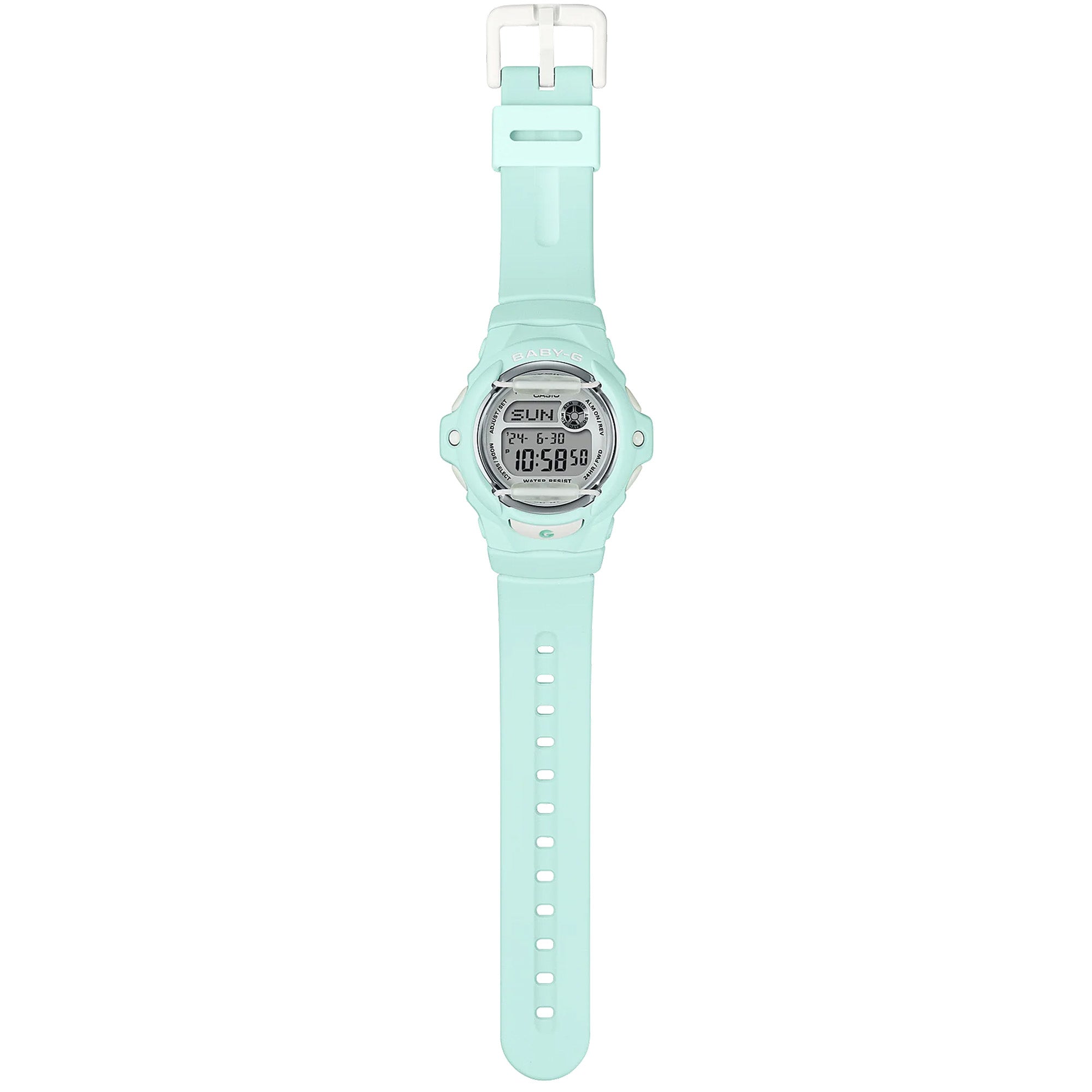 Casio BABY-G BG169U-3D digital watch with green resin band, compact round case, and shock-resistant sporty design.