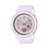 The Casio Baby-G Analogue Digital 41.50mm Women's Watch BGA290SA-6A features a pale purple round resin case with glossy metallic vapour deposition bezel ring, wide 41.5mm dial with metallic Arabic numerals, two analogue hands, and lower digital LCD display — 45.2mm x 41.5mm x 10.1mm, 33 grams.