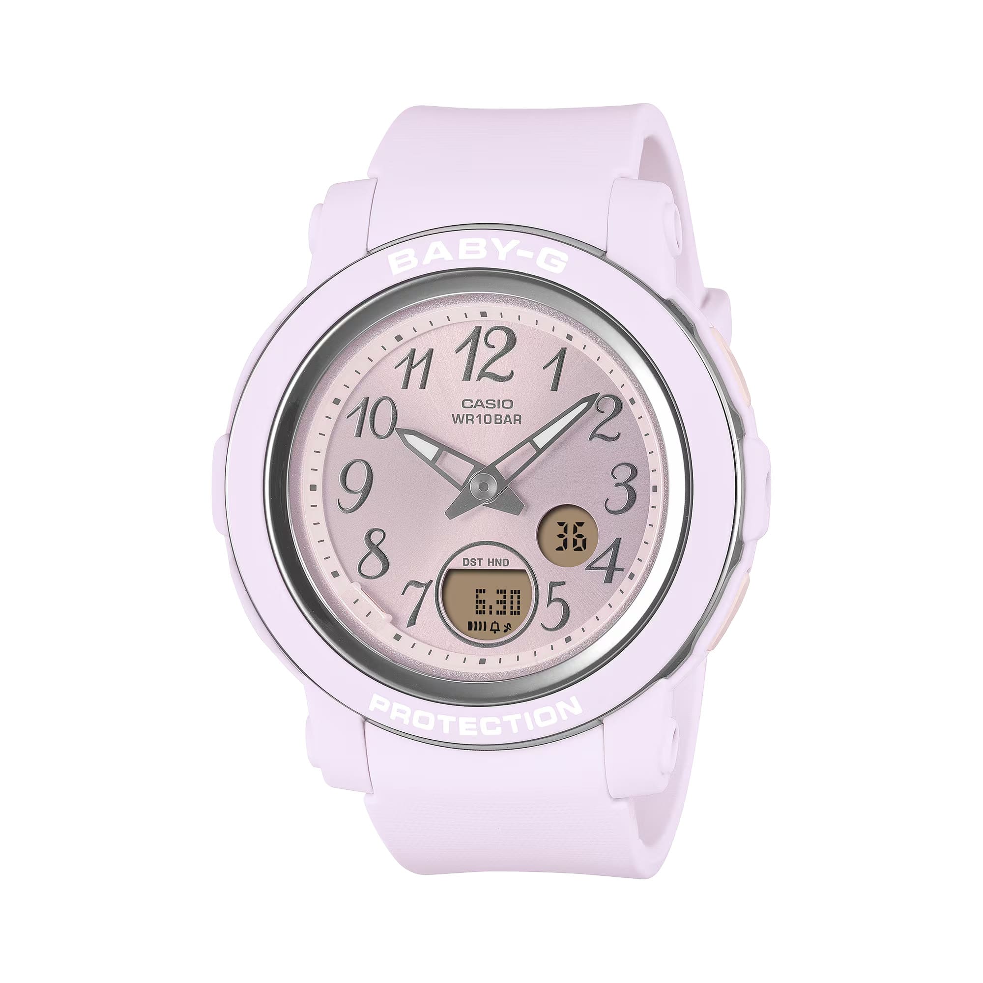 The Casio Baby-G Analogue Digital 41.50mm Women's Watch BGA290SA-6A features a pale purple round resin case with glossy metallic vapour deposition bezel ring, wide 41.5mm dial with metallic Arabic numerals, two analogue hands, and lower digital LCD display — 45.2mm x 41.5mm x 10.1mm, 33 grams.