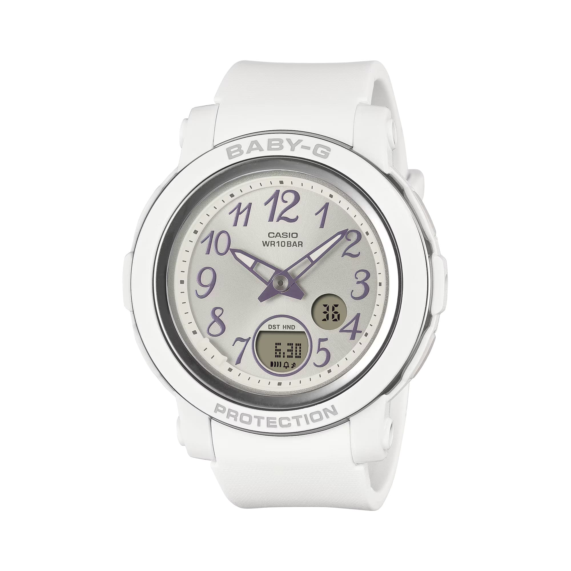 The Casio Baby-G Analogue Digital 41.50mm Women's Watch BGA290SA-7A features a soft white round resin case with glossy silver metallic vapour deposition bezel ring, wide 41.5mm dial with silver metallic Arabic numerals, two analogue hands, and lower digital LCD display — 45.2mm x 41.5mm x 10.1mm, 33 grams.