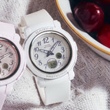 The Casio Baby-G BGA290SA-7A reveals the glossy silver metallic vapour deposition bezel ring finish, silver Arabic numerals, and the hand shift feature on the analogue-digital wide-face dial in close detail.