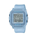The Casio Baby-G Digital 39mm Women's Watch BGD10KG-2D features a translucent blue glitter square resin case with sparkling embedded glitter, digital LCD display with rotating pixel-art animations, and matching translucent blue glitter band — Baby-G+PLUS convertible design.